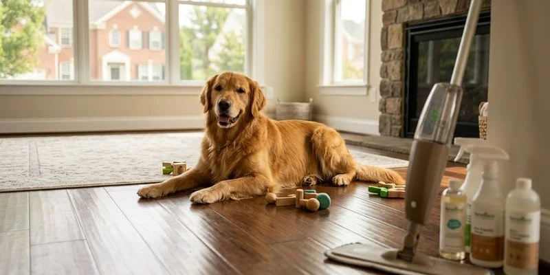 Happy dog resting safely on a freshly cleaned floor using pet safe green cleaning products