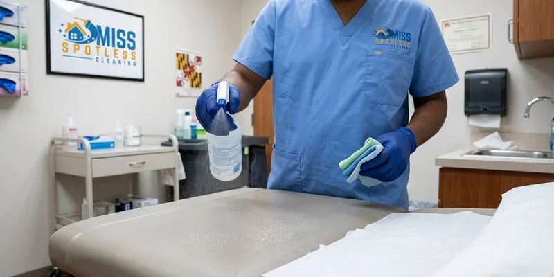 Professional cleaner disinfecting medical examination room using hospital grade products