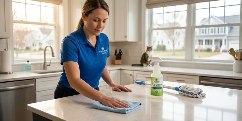 Professional cleaner performing regular maintenance cleaning in a bright Salisbury kitchen