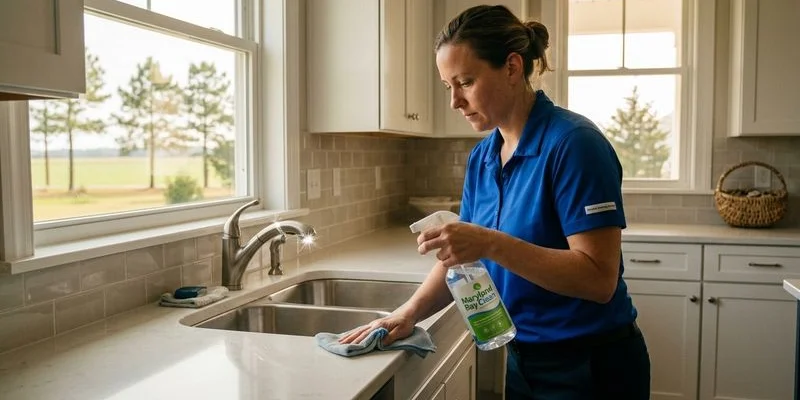 Professional cleaner thoroughly sanitizing a kitchen in an Eastern Shore home