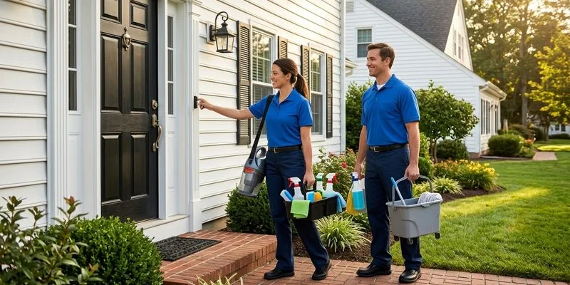 Professional cleaning team arriving with commercial equipment at a Salisbury home