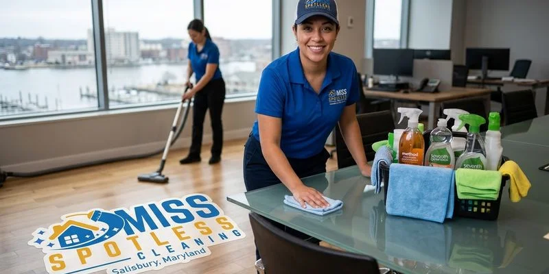 Professional commercial cleaning team sanitizing a Salisbury business office
