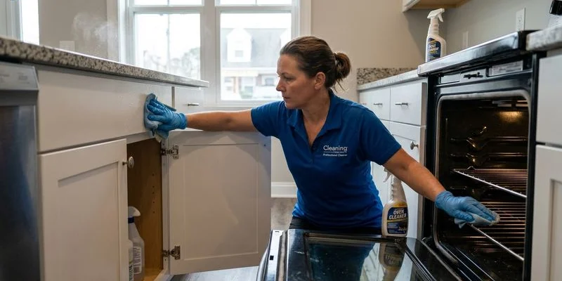 Professional cleaner performing thorough move out cleaning in a Salisbury Maryland apartment kitchen