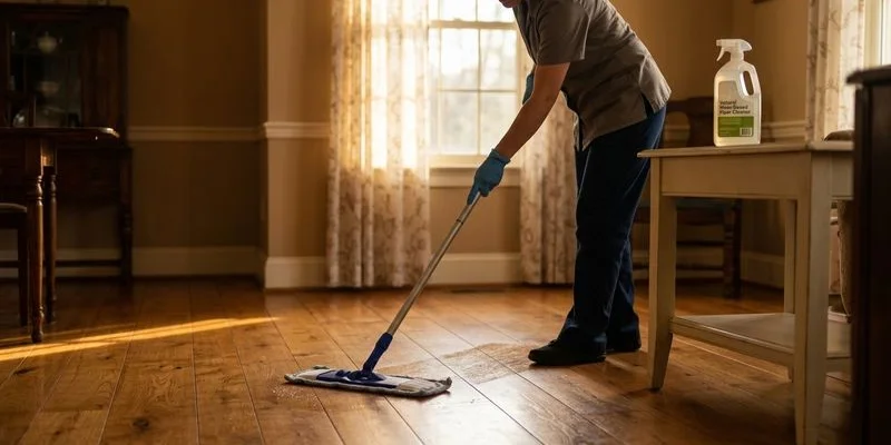 Professional cleaner using green cleaning products to clean hardwood floors in Eastern Shore home